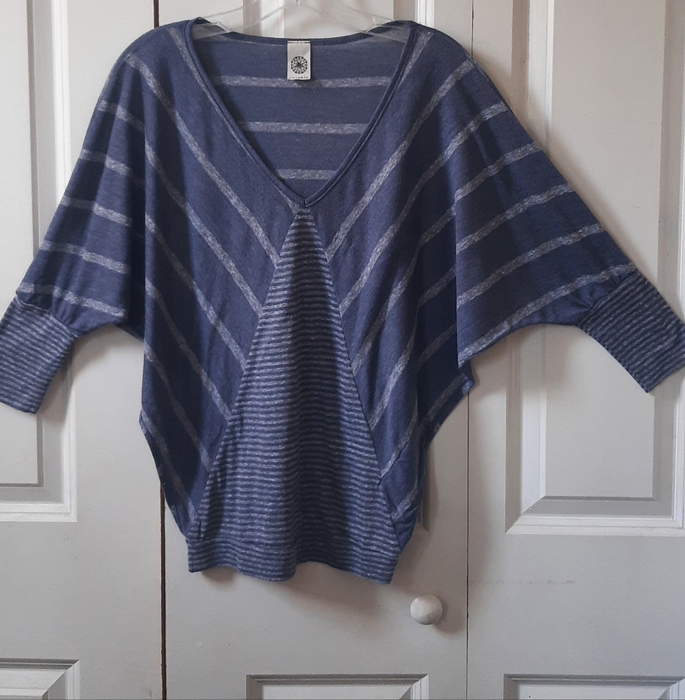 Twinkle Striped V-Neck Women's Sweater - Navy and Light Gray, M